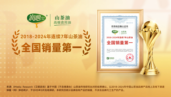 润心获艾媒咨询“2018-2024年连续7年山茶油全国销量第一”市场地位确认